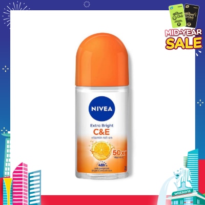 NIVEA Extra Bright C&E Vitamin Roll On Deodorant (Lasting Fragrance + Repair & Protect with Power 5X Radiance + Silky Smooth Skin) 50ml