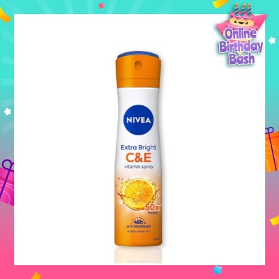 NIVEA Extra Bright C&E Deodorant Vitamin Spray (Lasting Fragrance + Repair & Protect with Power 5X Radiance + Silky Smooth Skin) 150ml