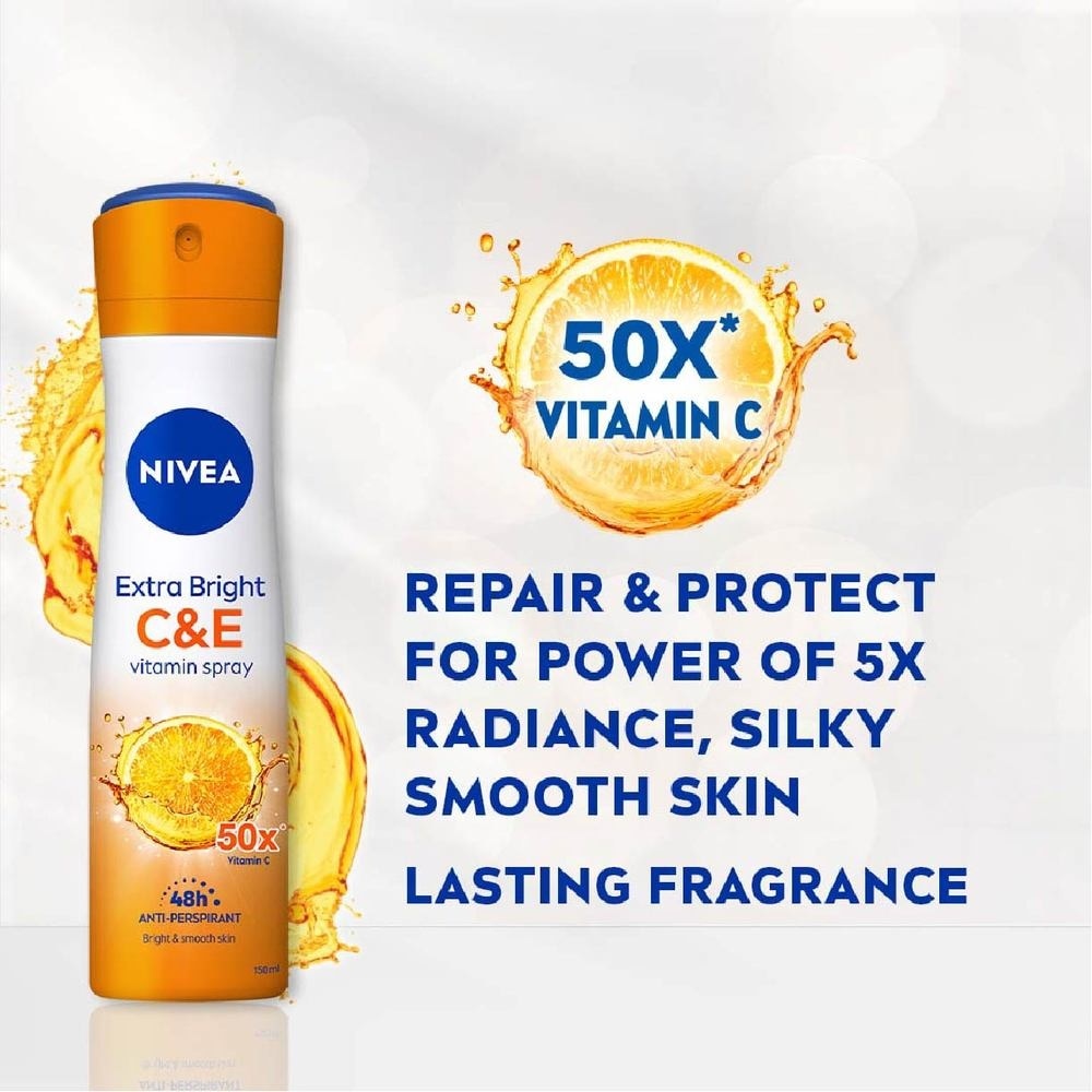 Extra Bright C&E Deodorant Vitamin Spray (Lasting Fragrance + Repair & Protect with Power 5X Radiance + Silky Smooth Skin) 150ml