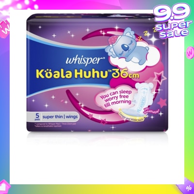 WHISPER Koala Huhu 36cm Maximum All Night Super Thin With Wings Sanitary Pads 5 Pads