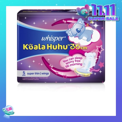 WHISPER Koala Huhu 36cm Maximum All Night Super Thin With Wings Sanitary Pads 5 Pads