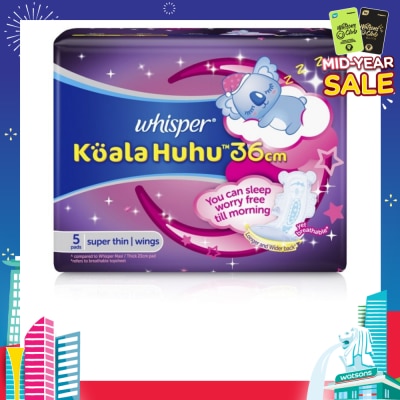 WHISPER Koala Huhu 36cm Maximum All Night Super Thin With Wings Sanitary Pads 5 Pads