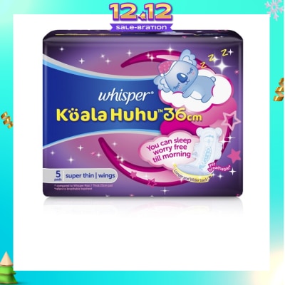 WHISPER Koala Huhu 36cm Maximum All Night Super Thin With Wings Sanitary Pads 5 Pads