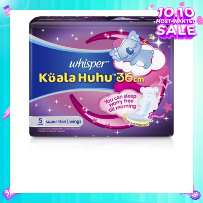 WHISPER Koala Huhu 36cm Maximum All Night Super Thin With Wings Sanitary Pads 5 Pads