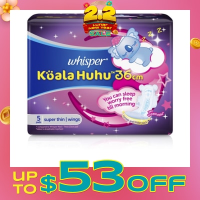 WHISPER Koala Huhu 36cm Maximum All Night Super Thin With Wings Sanitary Pads 5 Pads