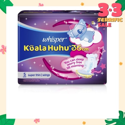 WHISPER Koala Huhu 36cm Maximum All Night Super Thin With Wings Sanitary Pads 5 Pads