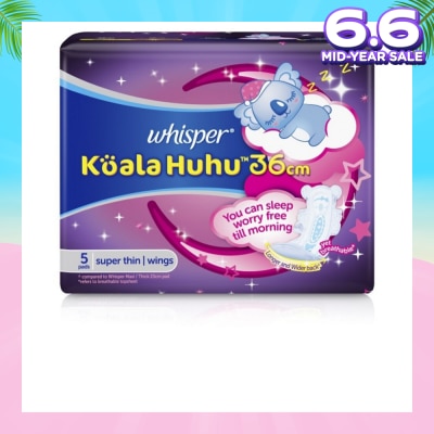 WHISPER Koala Huhu 36cm Maximum All Night Super Thin With Wings Sanitary Pads 5 Pads