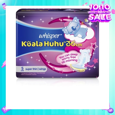 WHISPER Koala Huhu 36cm Maximum All Night Super Thin With Wings Sanitary Pads 5 Pads