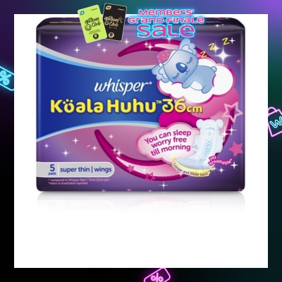 WHISPER Koala Huhu 36cm Maximum All Night Super Thin With Wings Sanitary Pads 5 Pads