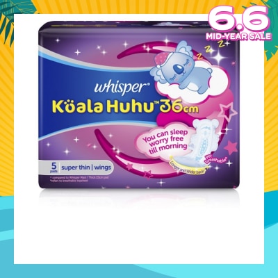 WHISPER Koala Huhu 36cm Maximum All Night Super Thin With Wings Sanitary Pads 5 Pads