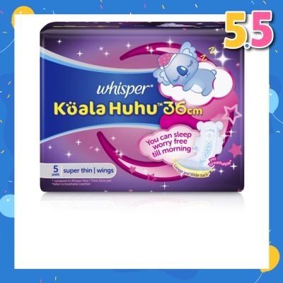 WHISPER Koala Huhu 36cm Maximum All Night Super Thin With Wings Sanitary Pads 5 Pads