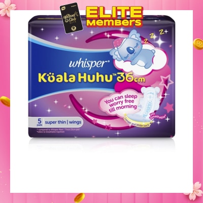 WHISPER Koala Huhu 36cm Maximum All Night Super Thin With Wings Sanitary Pads 5 Pads
