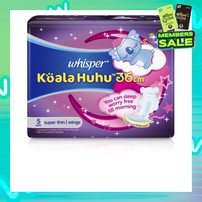 WHISPER Koala Huhu 36cm Maximum All Night Super Thin With Wings Sanitary Pads 5 Pads