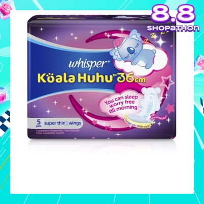 WHISPER Koala Huhu 36cm Maximum All Night Super Thin With Wings Sanitary Pads 5 Pads