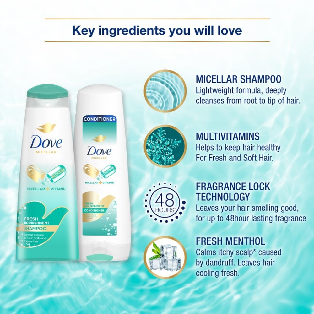 Dove Fresh Nourishment Micellar Shampoo 340ml (For Itchy Scalp and Dandruff Prone Hair)
