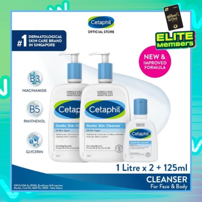 CETAPHIL Gentle Skin Cleanser 1L Twin packset + 125ml Hydrating Face & Body Wash (For All Skin Types, Sensitive Skin)