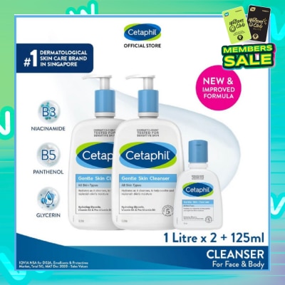 CETAPHIL Gentle Skin Cleanser 1L Twin packset + 125ml Hydrating Face & Body Wash (For All Skin Types, Sensitive Skin)