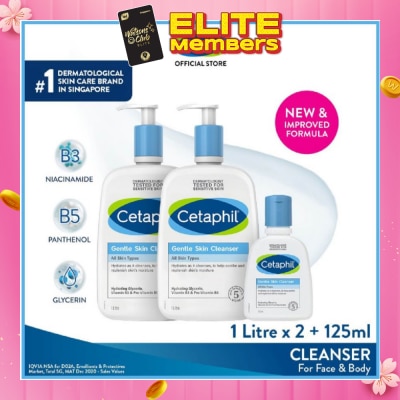 CETAPHIL Gentle Skin Cleanser 1L Twin packset + 125ml Hydrating Face & Body Wash (For All Skin Types, Sensitive Skin)