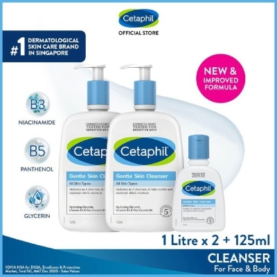 CETAPHIL Gentle Skin Cleanser 1L Twin packset + 125ml Hydrating Face & Body Wash (For All Skin Types, Sensitive Skin)