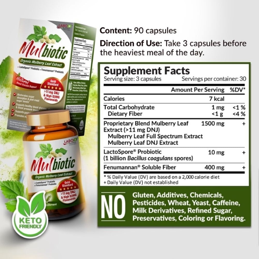 Mulbiotic Mulberry Leaf DNJ with Probiotic Prebiotic Capsule (Blood Sugar, Diabetes, Weight, & Appetite) 90s