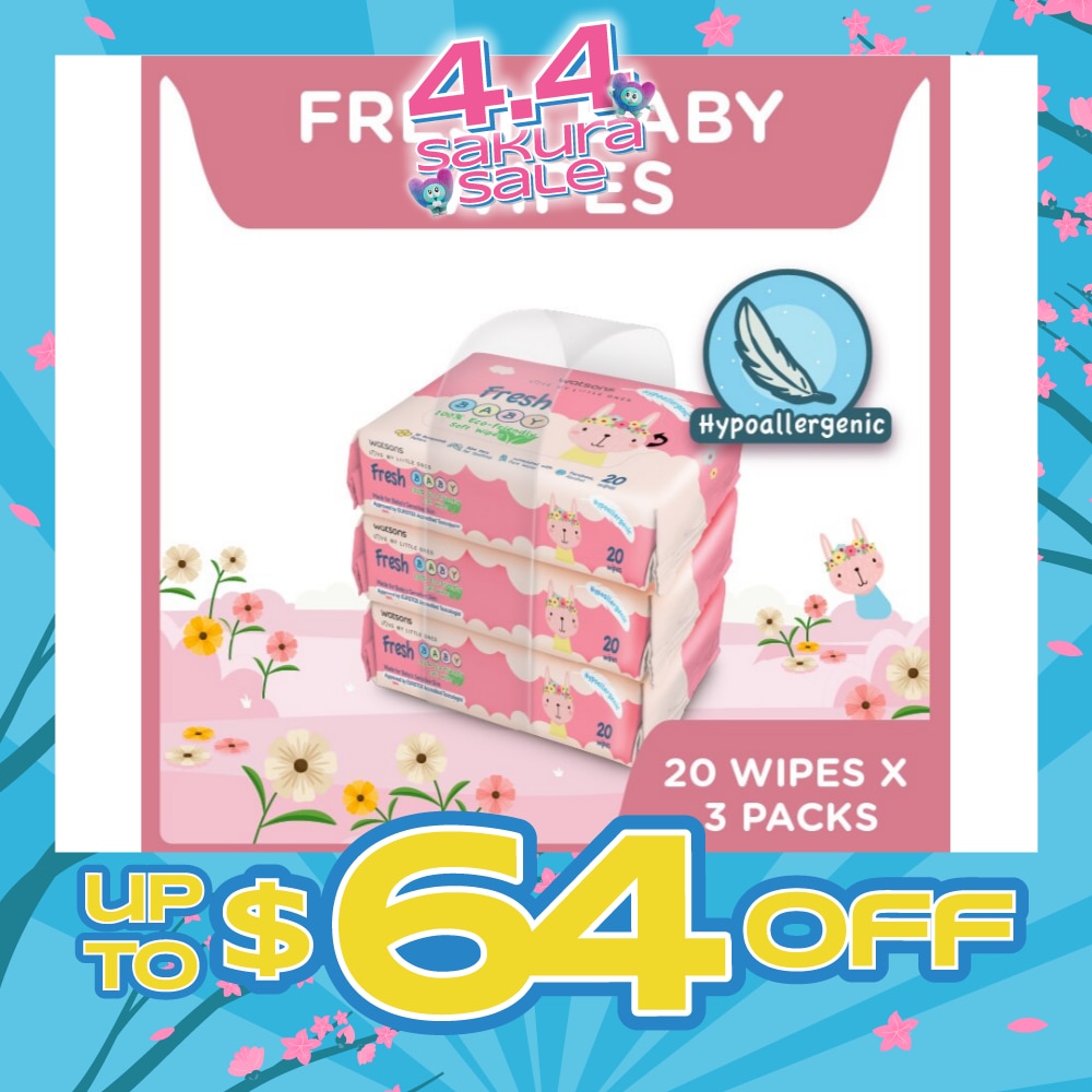 Watsons Hypoallergenic Fresh Baby Wipes 20s x 3 (For Sensitive Skin)