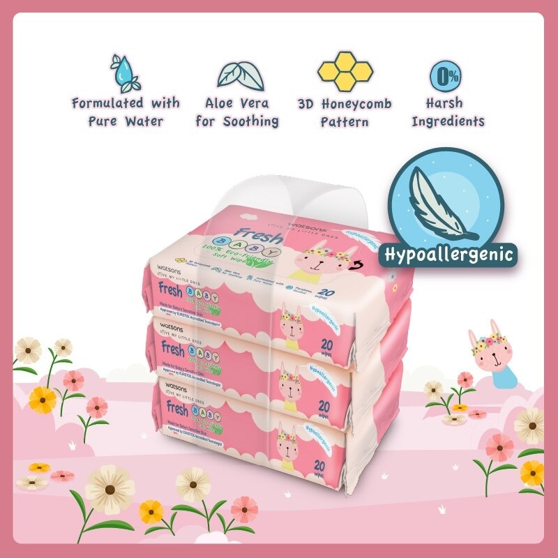 Watsons Hypoallergenic Fresh Baby Wipes 20s x 3 (For Sensitive Skin)