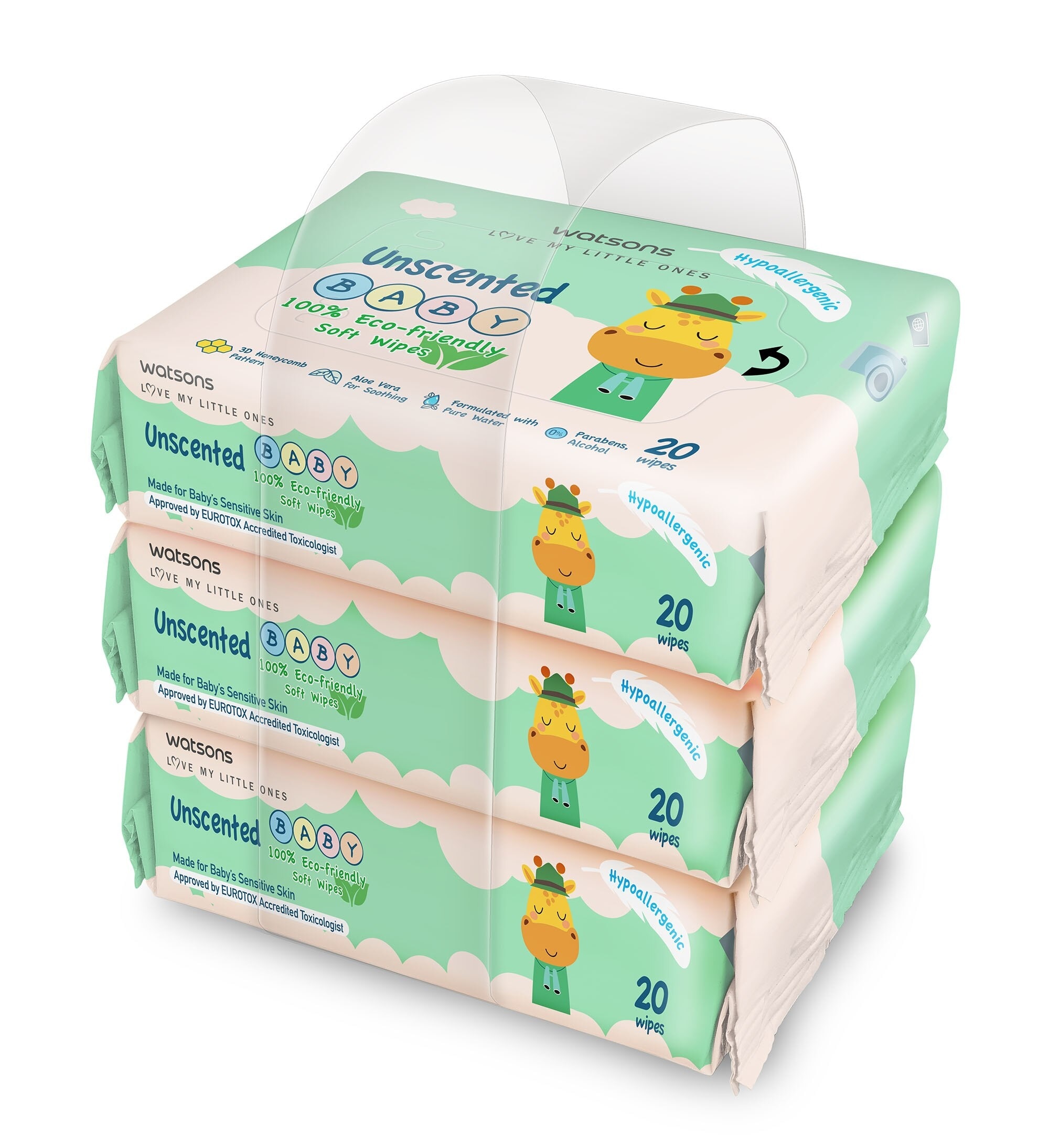 Unscented Baby Wipes 100% Eco-Friendly Soft Wipes Hypoallergenic (Made For Baby's Sensitive Skin) 20s X 3 Packs