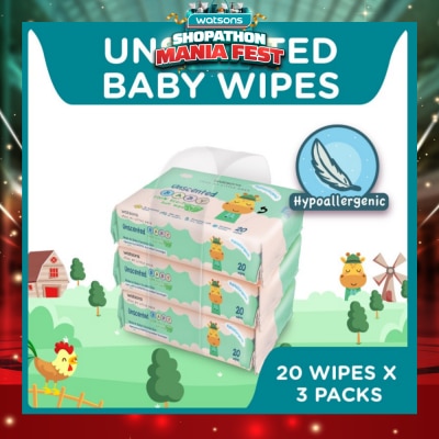 WATSONS - Unscented Baby Wipes 100% Eco-Friendly Soft Wipes Hypoallergenic (Made For Baby's Sensitive Skin) 20s X 3 Packs