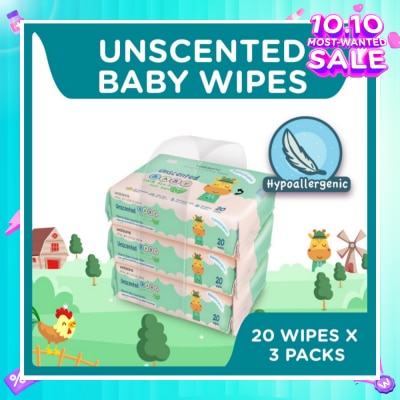 WATSONS Unscented Baby Wipes 100% Eco-Friendly Soft Wipes Hypoallergenic (Made For Baby's Sensitive Skin) 20s X 3 Packs