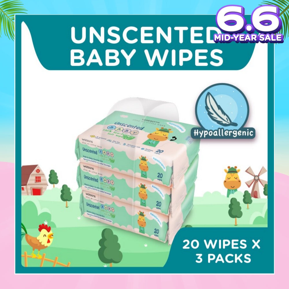 Unscented Baby Wipes 100% Eco-Friendly Soft Wipes Hypoallergenic (Made For Baby's Sensitive Skin) 20s X 3 Packs