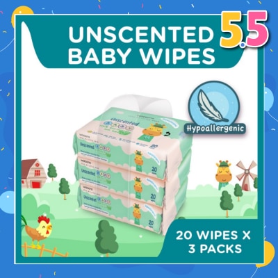 WATSONS Unscented Baby Wipes 100% Eco-Friendly Soft Wipes Hypoallergenic (Made For Baby's Sensitive Skin) 20s X 3 Packs