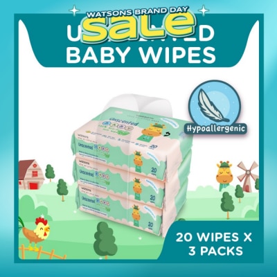 WATSONS - Unscented Baby Wipes 100% Eco-Friendly Soft Wipes Hypoallergenic (Made For Baby's Sensitive Skin) 20s X 3 Packs