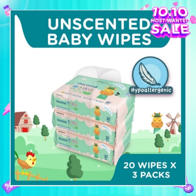 WATSONS Unscented Baby Wipes 100% Eco-Friendly Soft Wipes Hypoallergenic (Made For Baby's Sensitive Skin) 20s X 3 Packs