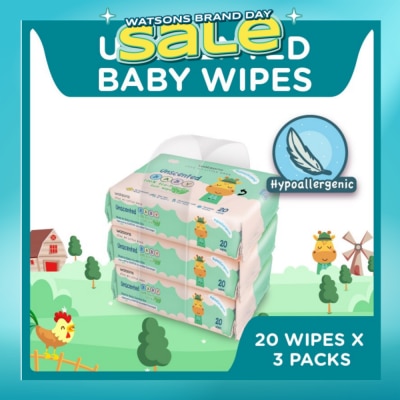 WATSONS - Unscented Baby Wipes 100% Eco-Friendly Soft Wipes Hypoallergenic (Made For Baby's Sensitive Skin) 20s X 3 Packs