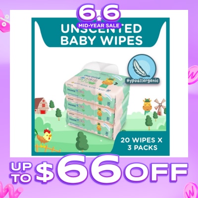 WATSONS - Unscented Baby Wipes 100% Eco-Friendly Soft Wipes Hypoallergenic (Made For Baby's Sensitive Skin) 20s X 3 Packs