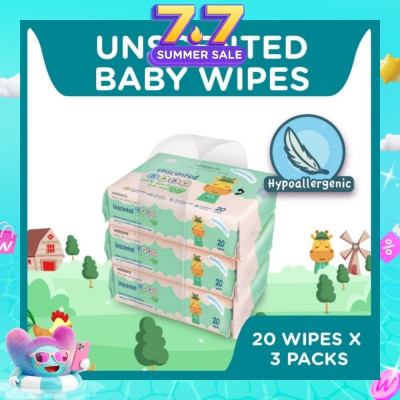 WATSONS - Unscented Baby Wipes 100% Eco-Friendly Soft Wipes Hypoallergenic (Made For Baby's Sensitive Skin) 20s X 3 Packs