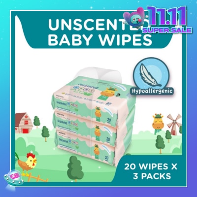 WATSONS Unscented Baby Wipes 100% Eco-Friendly Soft Wipes Hypoallergenic (Made For Baby's Sensitive Skin) 20s X 3 Packs