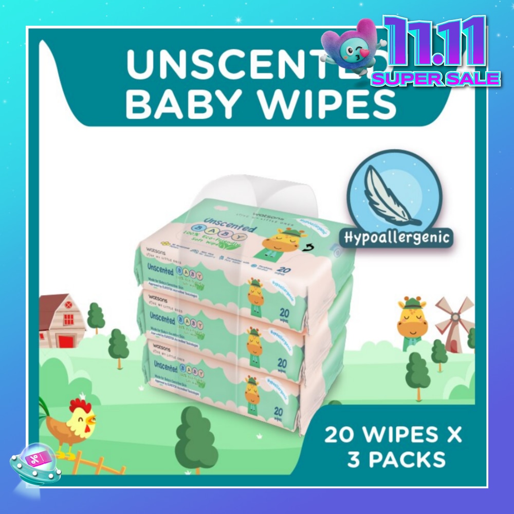 Unscented Baby Wipes 100% Eco-Friendly Soft Wipes Hypoallergenic (Made For Baby's Sensitive Skin) 20s X 3 Packs