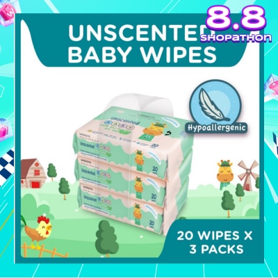 WATSONS Unscented Baby Wipes 100% Eco-Friendly Soft Wipes Hypoallergenic (Made For Baby's Sensitive Skin) 20s X 3 Packs
