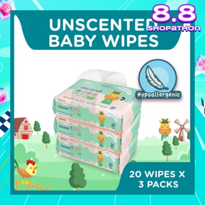 WATSONS Unscented Baby Wipes 100% Eco-Friendly Soft Wipes Hypoallergenic (Made For Baby's Sensitive Skin) 20s X 3 Packs