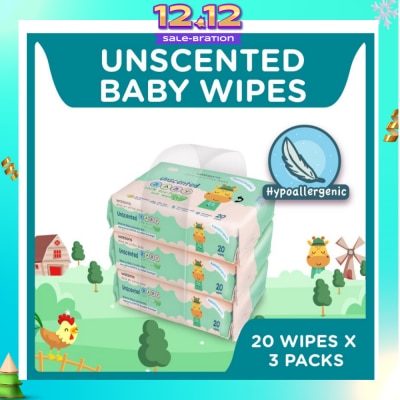 WATSONS Unscented Baby Wipes 100% Eco-Friendly Soft Wipes Hypoallergenic (Made For Baby's Sensitive Skin) 20s X 3 Packs