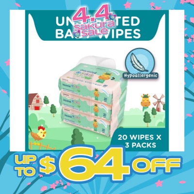 WATSONS - Unscented Baby Wipes 100% Eco-Friendly Soft Wipes Hypoallergenic (Made For Baby's Sensitive Skin) 20s X 3 Packs