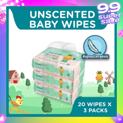 WATSONS Unscented Baby Wipes 100% Eco-Friendly Soft Wipes Hypoallergenic (Made For Baby's Sensitive Skin) 20s X 3 Packs