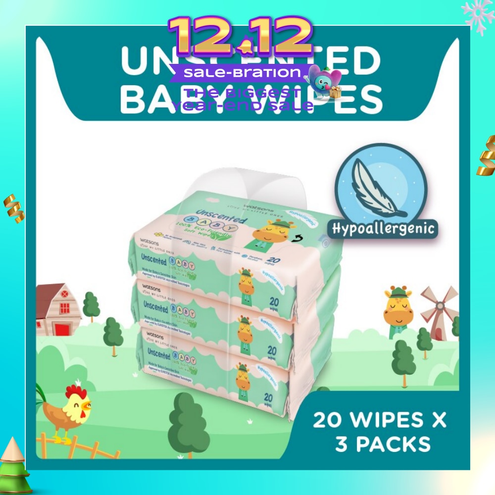 Unscented Baby Wipes 100% Eco-Friendly Soft Wipes Hypoallergenic (Made For Baby's Sensitive Skin) 20s X 3 Packs