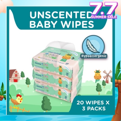 WATSONS Unscented Baby Wipes 100% Eco-Friendly Soft Wipes Hypoallergenic (Made For Baby's Sensitive Skin) 20s X 3 Packs