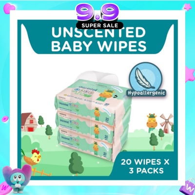 WATSONS - Unscented Baby Wipes 100% Eco-Friendly Soft Wipes Hypoallergenic (Made For Baby's Sensitive Skin) 20s X 3 Packs image