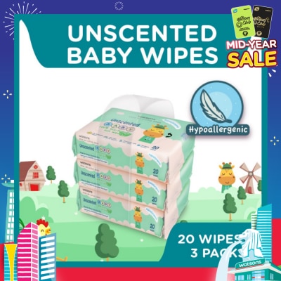 WATSONS Unscented Baby Wipes 100% Eco-Friendly Soft Wipes Hypoallergenic (Made For Baby's Sensitive Skin) 20s X 3 Packs