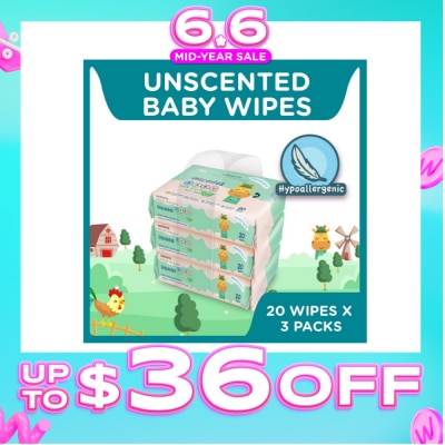 WATSONS - Unscented Baby Wipes 100% Eco-Friendly Soft Wipes Hypoallergenic (Made For Baby's Sensitive Skin) 20s X 3 Packs