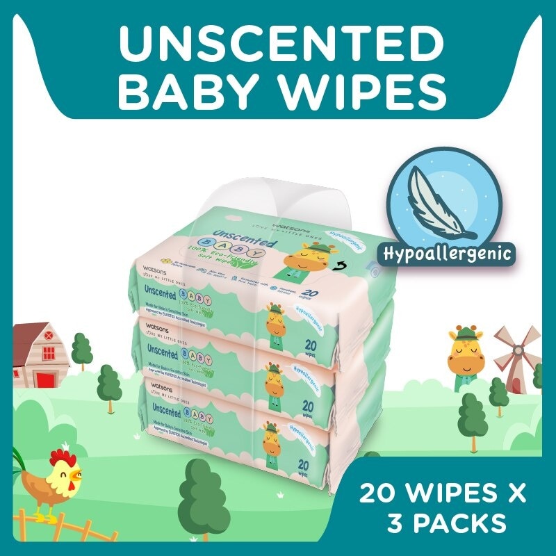 Unscented Baby Wipes 100% Eco-Friendly Soft Wipes Hypoallergenic (Made For Baby's Sensitive Skin) 20s X 3 Packs