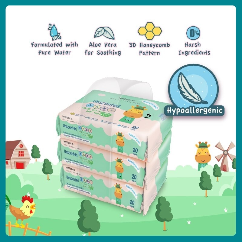 Unscented Baby Wipes 100% Eco-Friendly Soft Wipes Hypoallergenic (Made For Baby's Sensitive Skin) 20s X 3 Packs